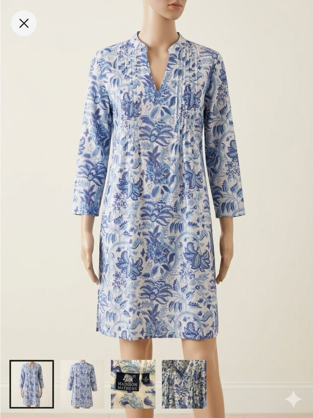 Madison Mathews Blue & White Floral Block Print Pintuck Cotton Tunic Dress.